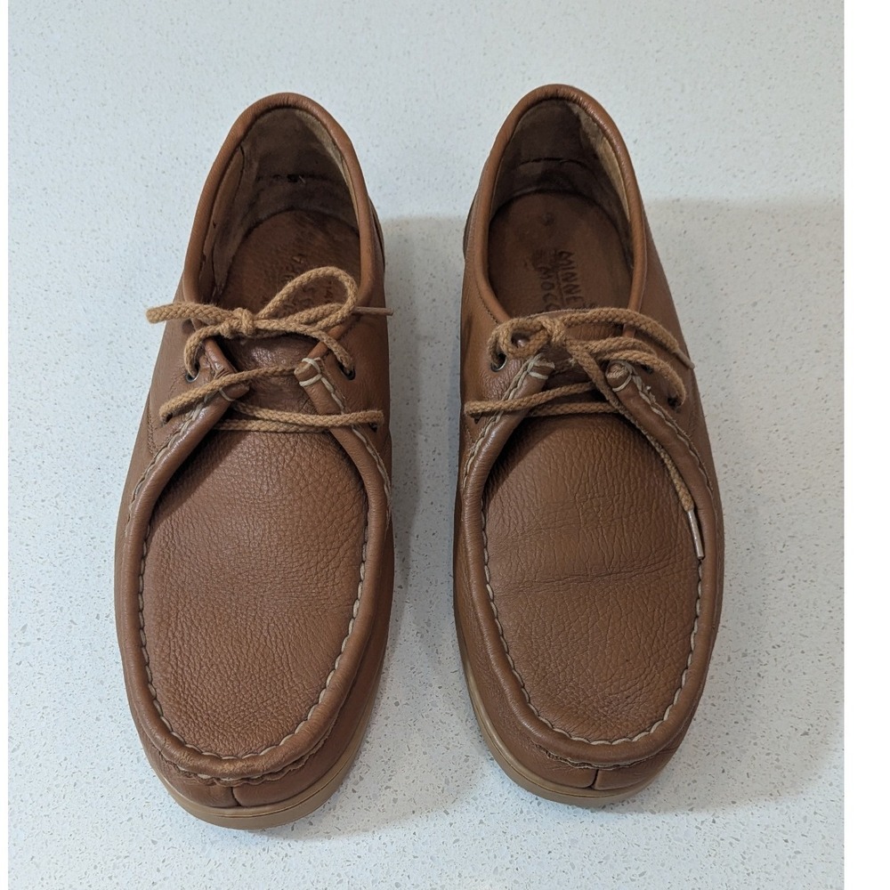 Minnetonka Moccasin Leather Boat Shoes Mens 13 Tan VTG Pebbled Lace Up